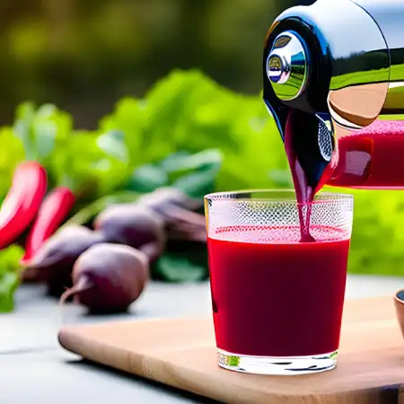 a powerful juicer machine is making beetroot juice