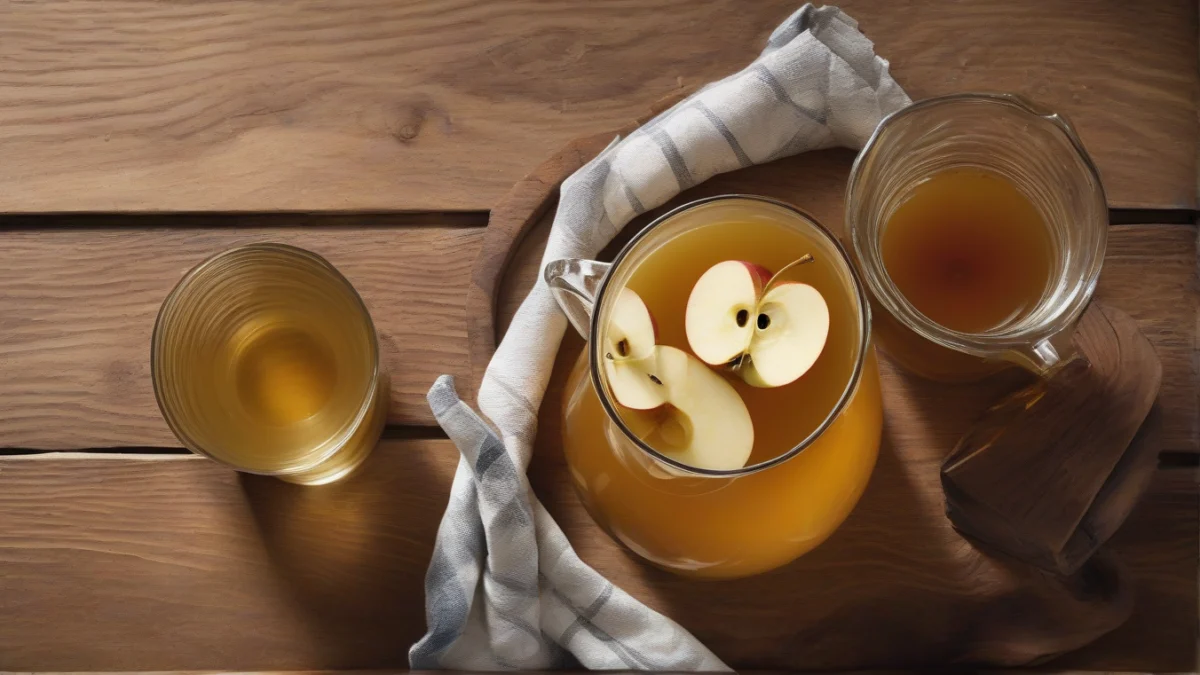 a clear glass filled with light amber diluted apple juice concentrate beside a water pitcher