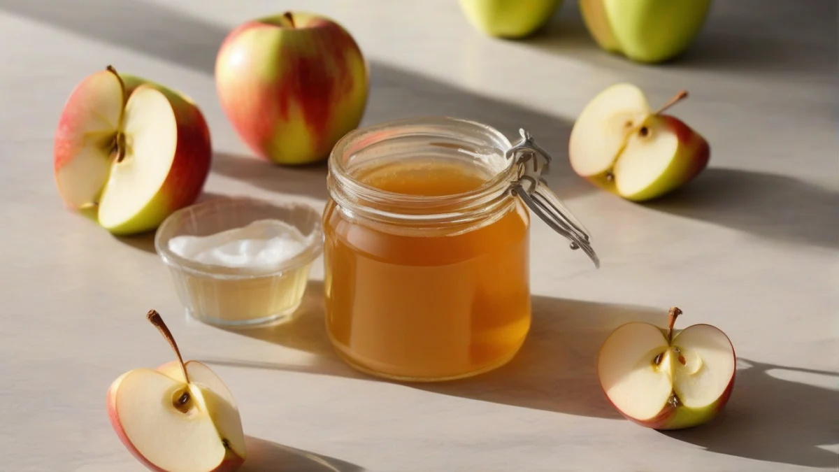 a small jar filled with thick apple juice concentrate next to fresh apples