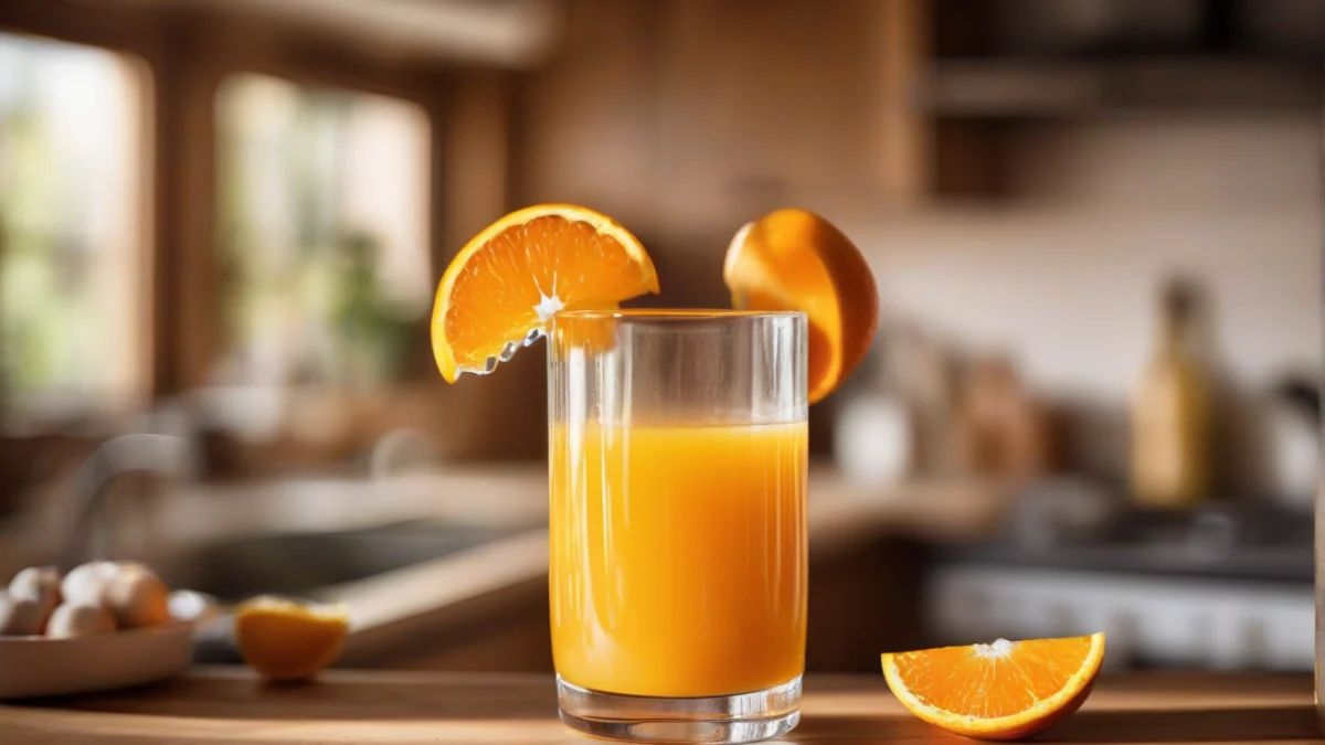 a clear glass filled with fresh orange juice showing droplets of condensation
