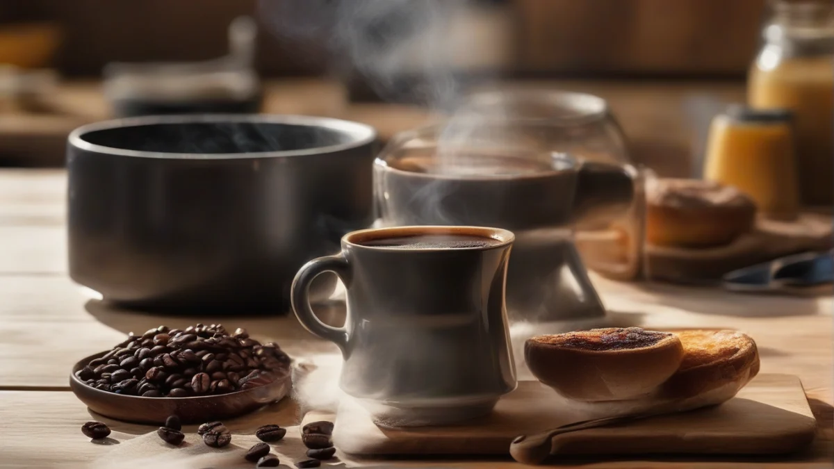 a plain white cup filled with black coffee on a wooden table