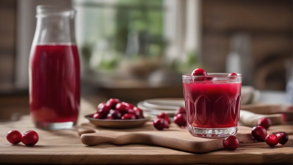 a clear glass filled with bright red cranberry juice on a wooden table