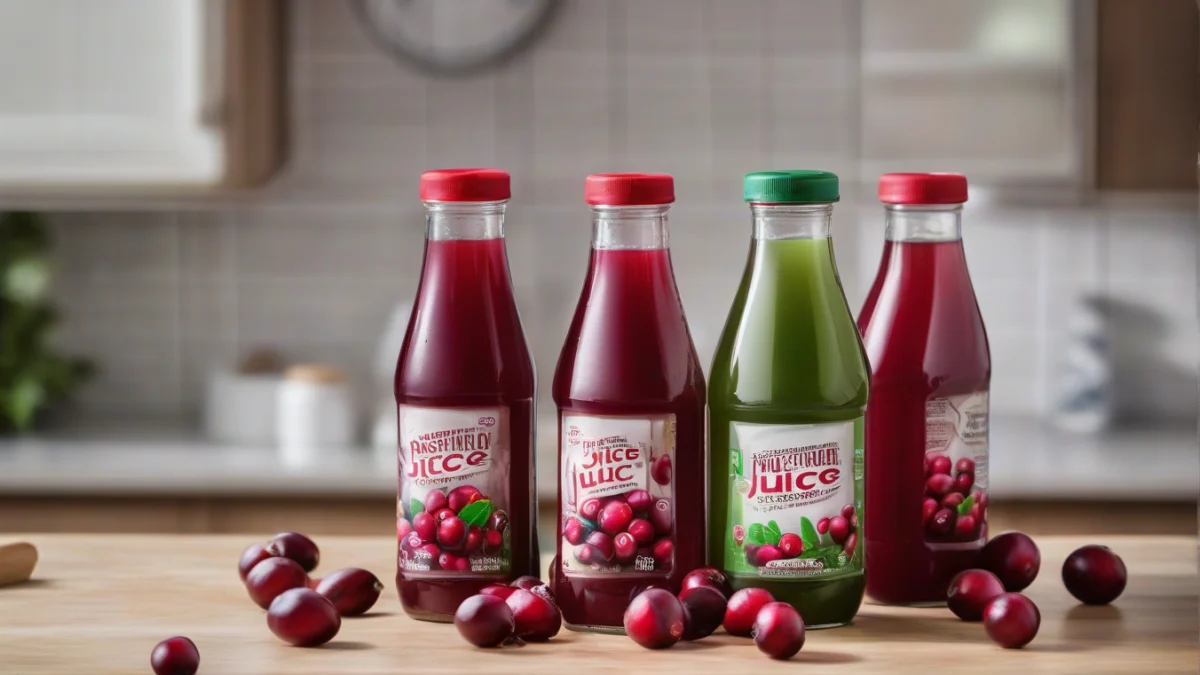 several sealed glass bottles containing pasteurized cranberry juice on a kitchen counter