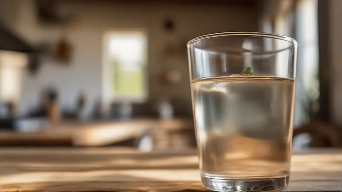 a clear glass filled with plain water sitting on a wooden table