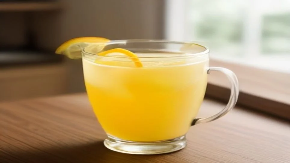 a clear cup filled with hot lemon water and a slice of lemon on the rim