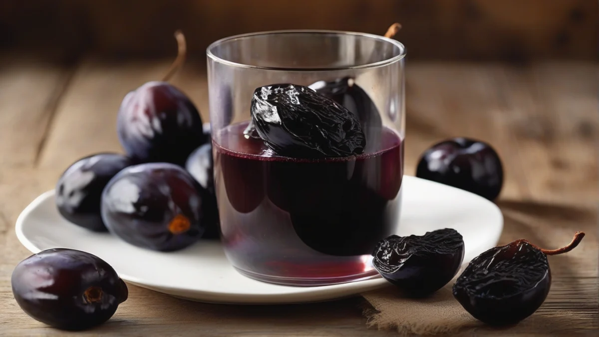 a transparent glass filled with dark prune juice next to scattered dried plums