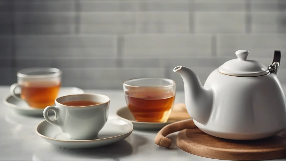 glass teapot filled with manglier tea beside a small plate of loose manglier tea leaves on counter