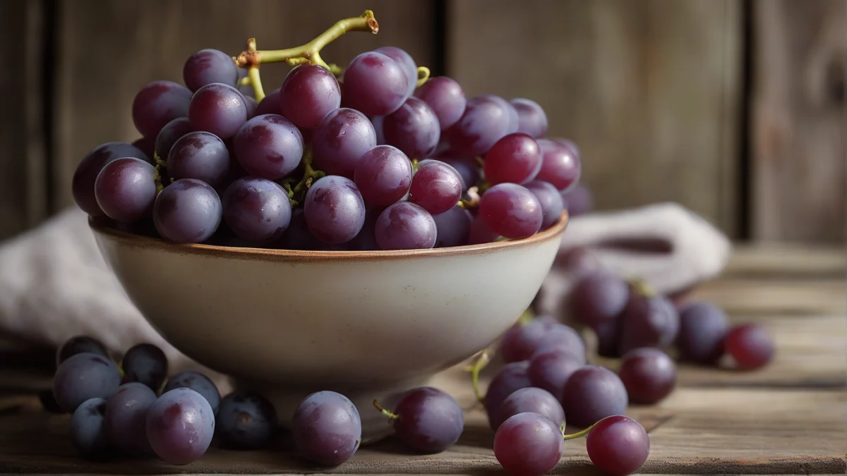 a bowl filled with fresh, dark purple muscadine grapes on a wooden table