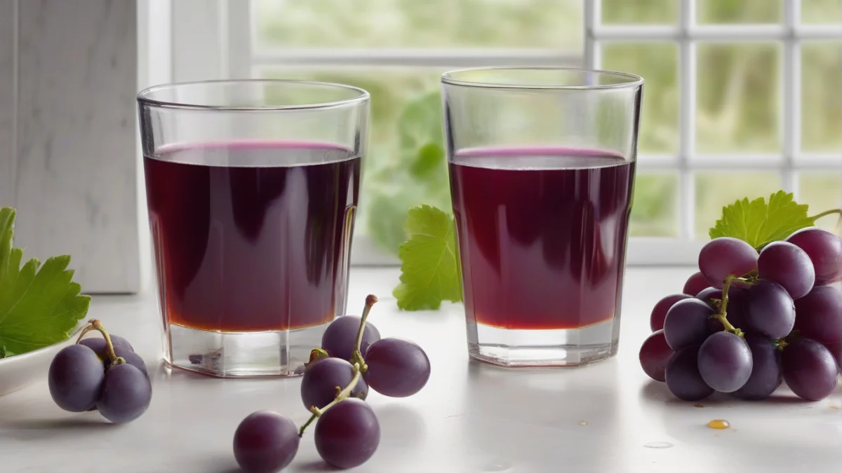 a clear glass filled with deep purple muscadine grape juice beside a honey jar and spoon
