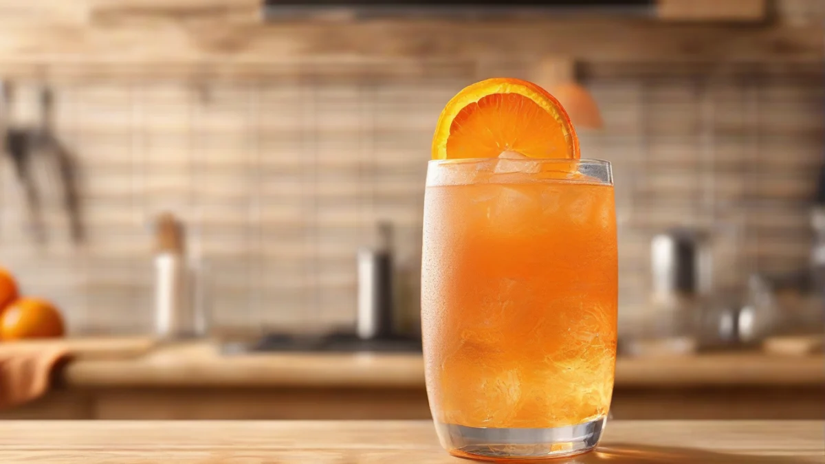 a clear glass filled with orange colored still fruit drink on a wooden table