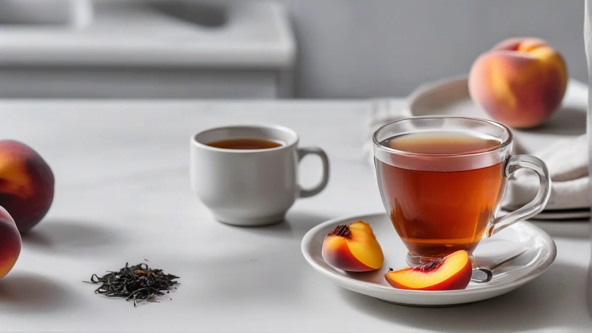 a cup of brewed black tea with a fresh peach slice on a white countertop
