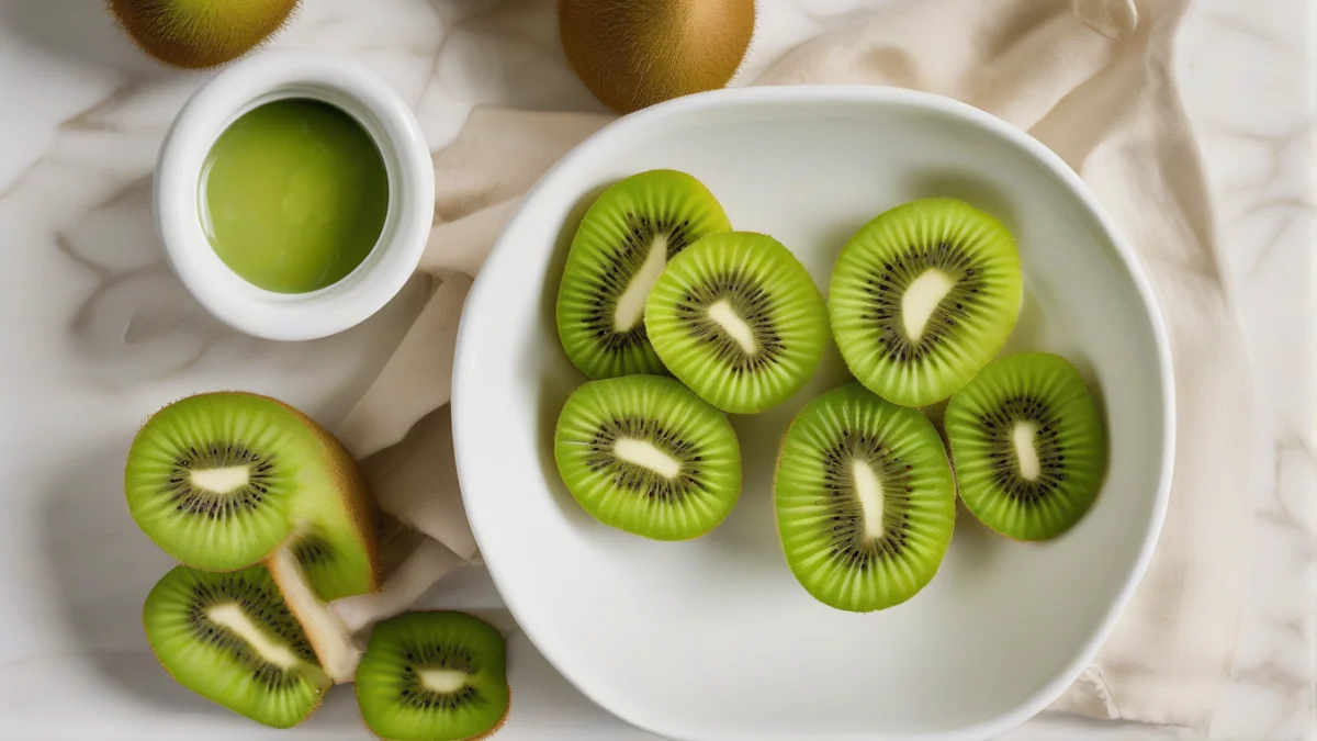 several halved bright green kiwifruits with visible seeds arranged in a bowl on a countertop