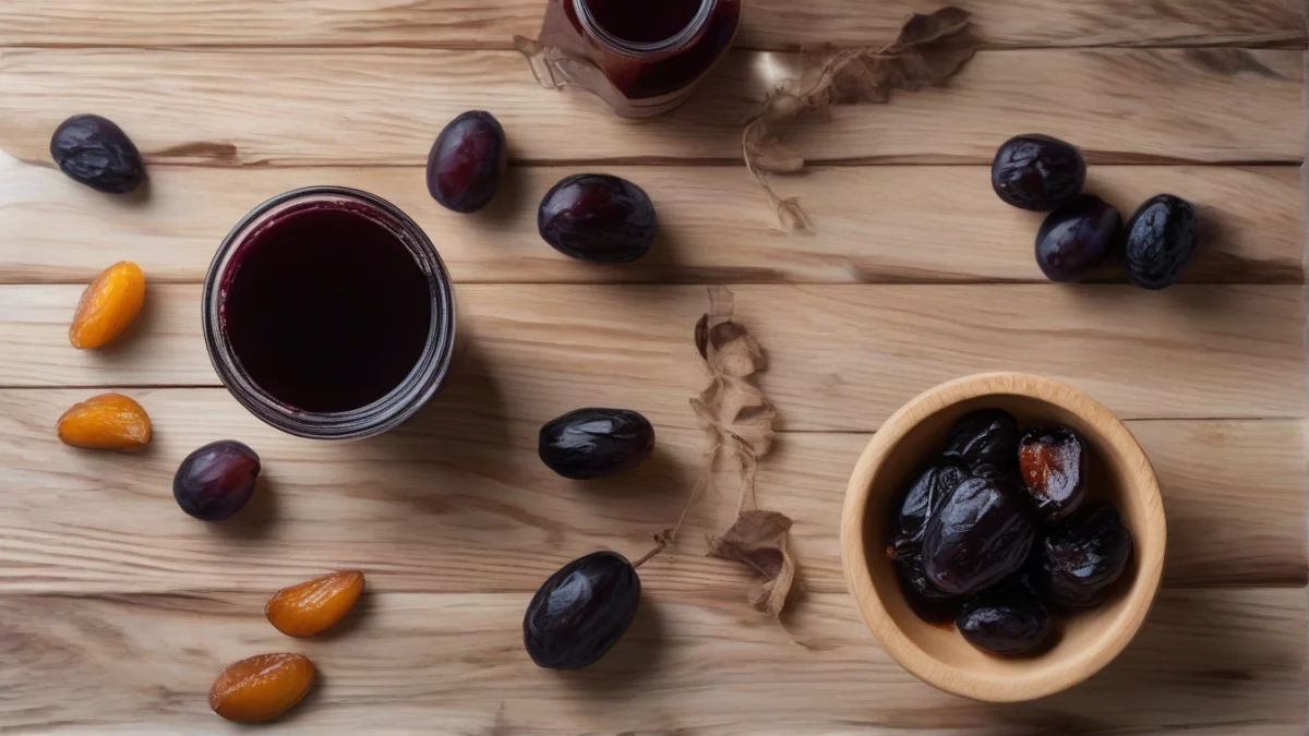 a clear glass filled with dark prune juice next to a small pile of dried plums on a wooden surface