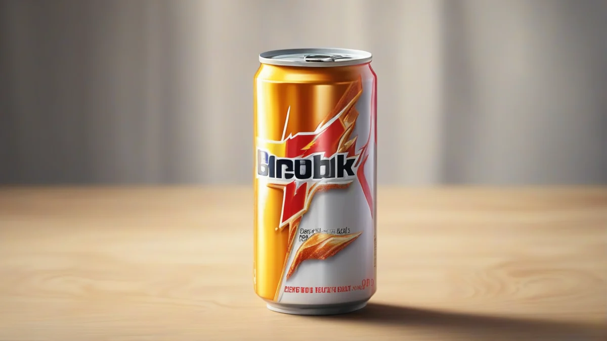 an opened can of energy drink next to a glass filled with a carbonated beverage