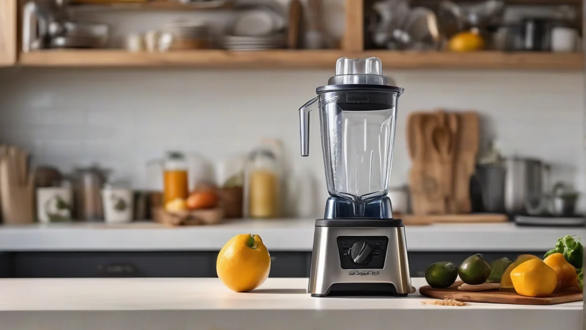 A Vitamix blender container showing the blade assembly attached at the base