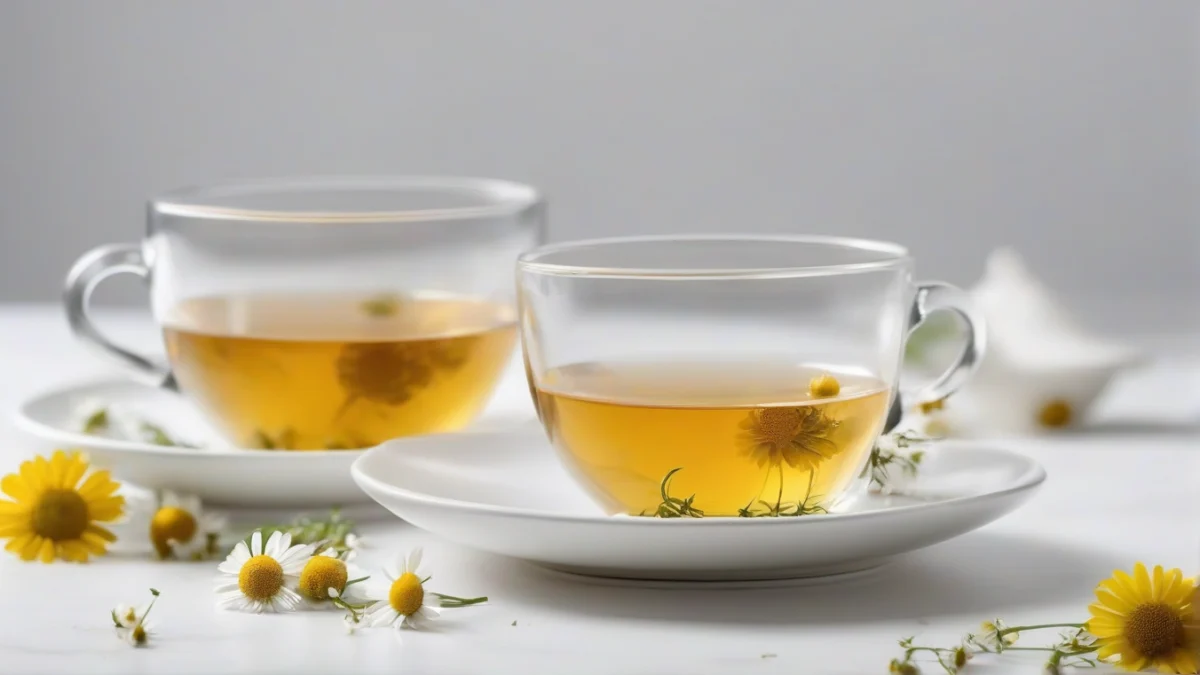 white cup filled with light golden chamomile tea on saucer
