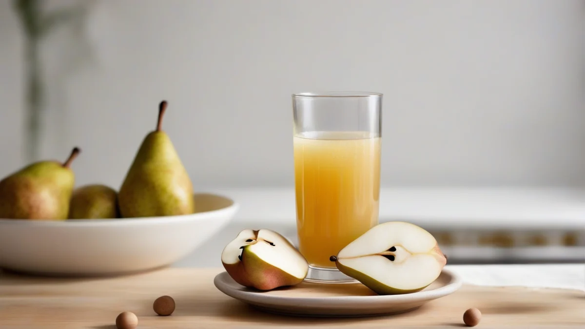 clear glass filled with light yellow pear juice on wooden table