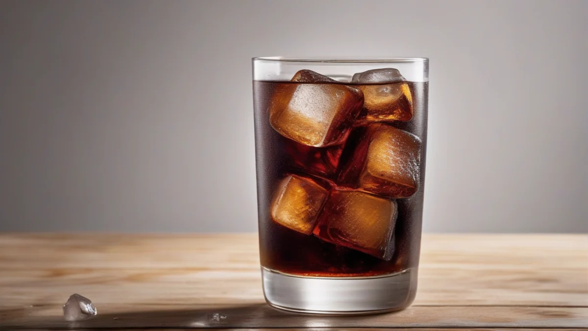 a clear glass filled with dark cola and ice cubes on a wooden table
