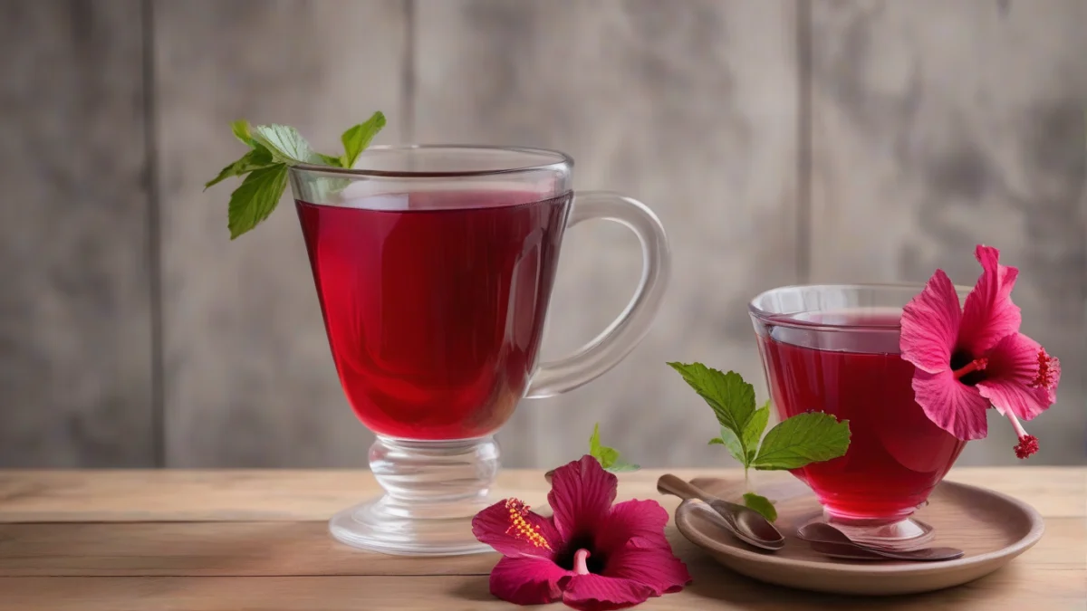 a clear cup filled with red hibiscus tea beside fresh hibiscus flowers on a wooden table