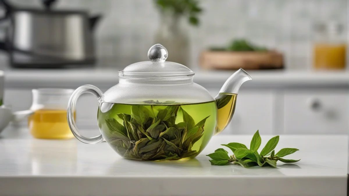 a glass teapot with green tea leaves steeping in hot water on a kitchen counter