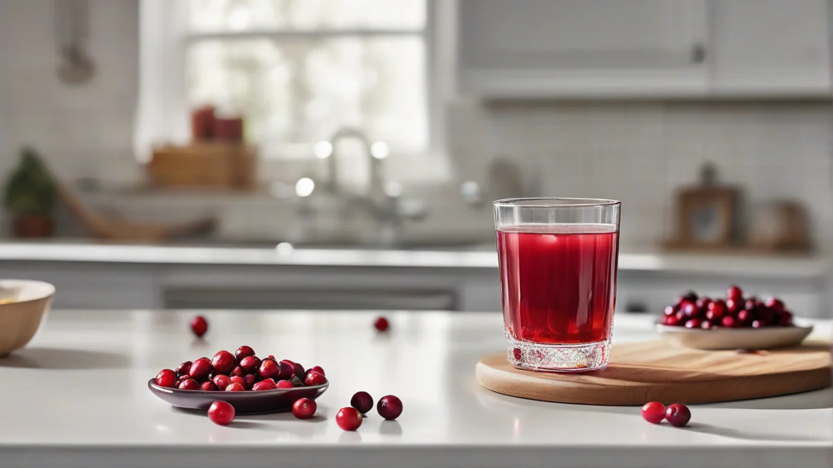 a clear glass filled with deep red cranberry juice on a white countertop