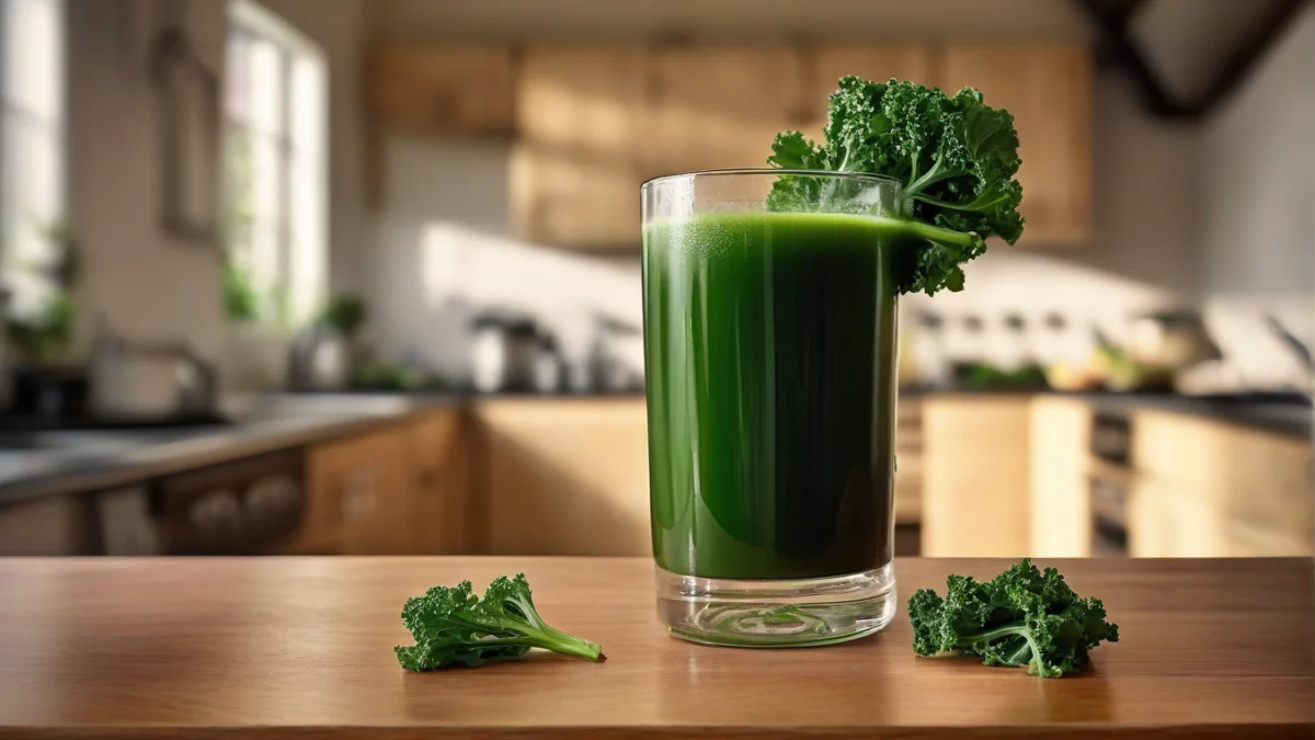 a clear glass filled with bright green kale juice on a wooden table
