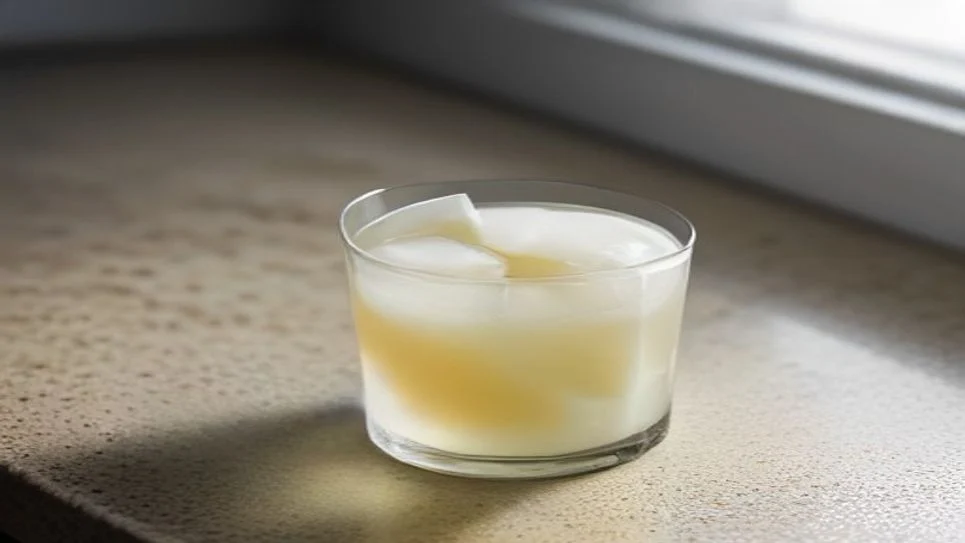 a clear glass filled with Pedialyte and ice cubes on a countertop