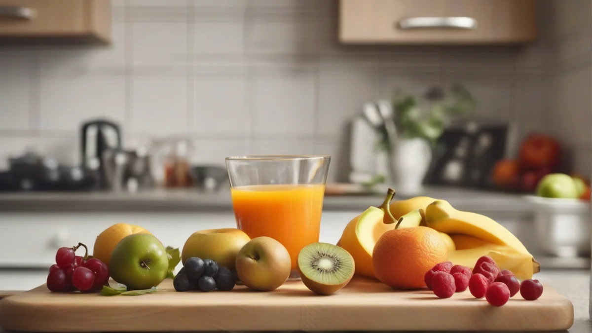 freshly cut fruit pieces next to a clear measuring cup filled with juice