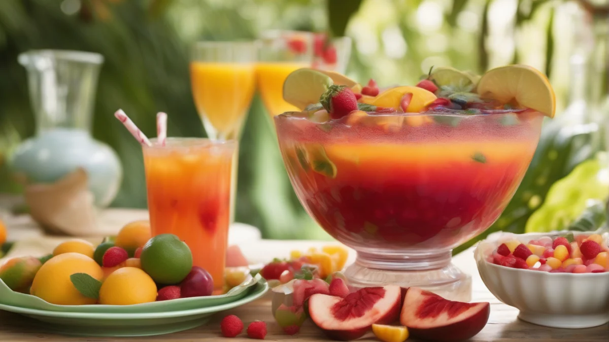a large clear punch bowl with vibrant jungle juice and floating fruit pieces