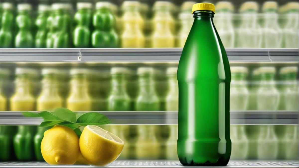 green bottle of bottled lemon juice standing upright among other bottles on a store shelf