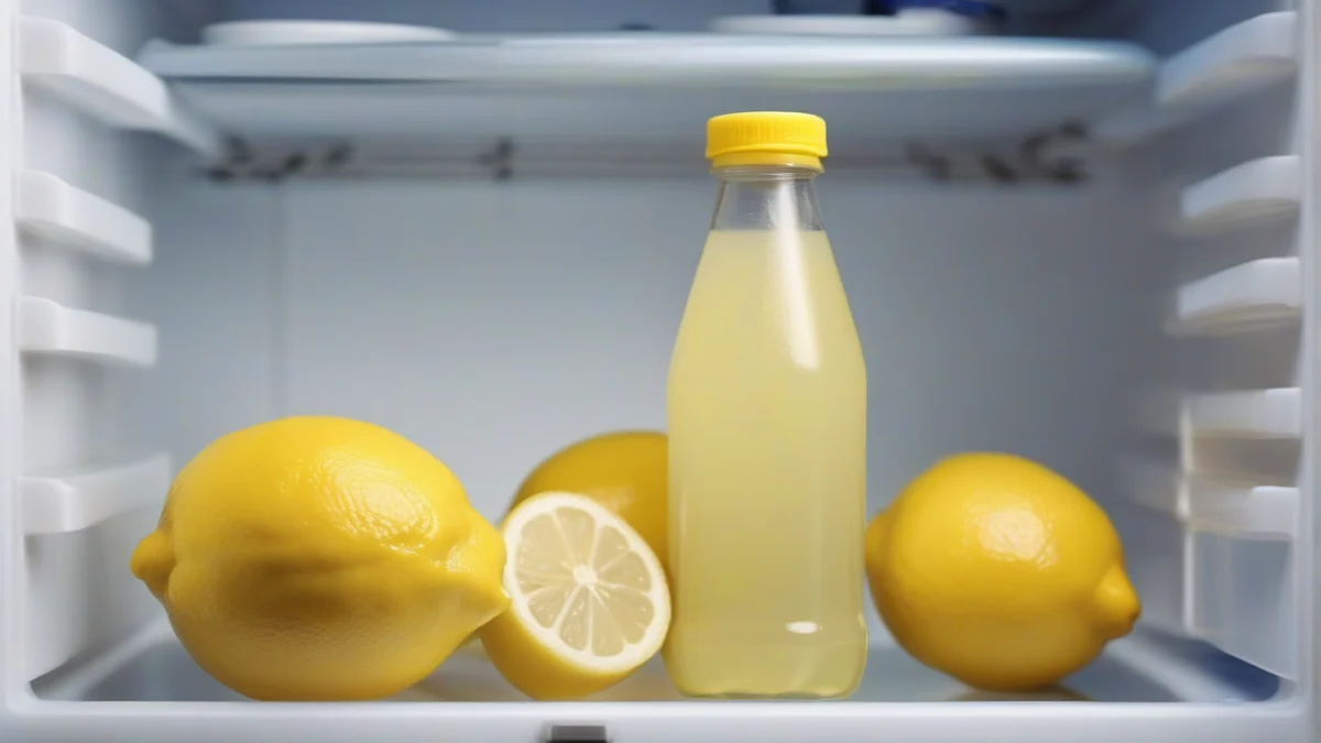 opened green bottle of bottled lemon juice with a tightly sealed cap inside a refrigerator door shelf