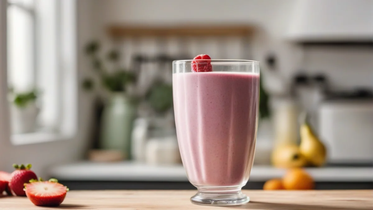 an 8 oz small glass filled with a creamy smoothie on a wooden table