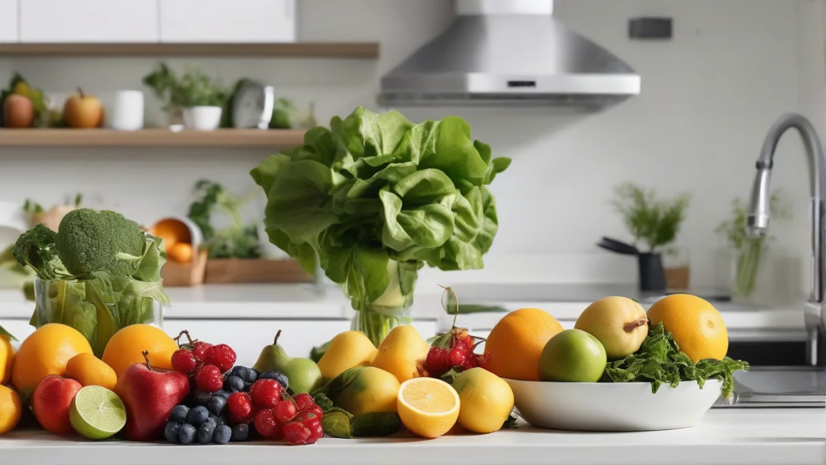 a selection of fresh fruits and leafy greens arranged on countertop