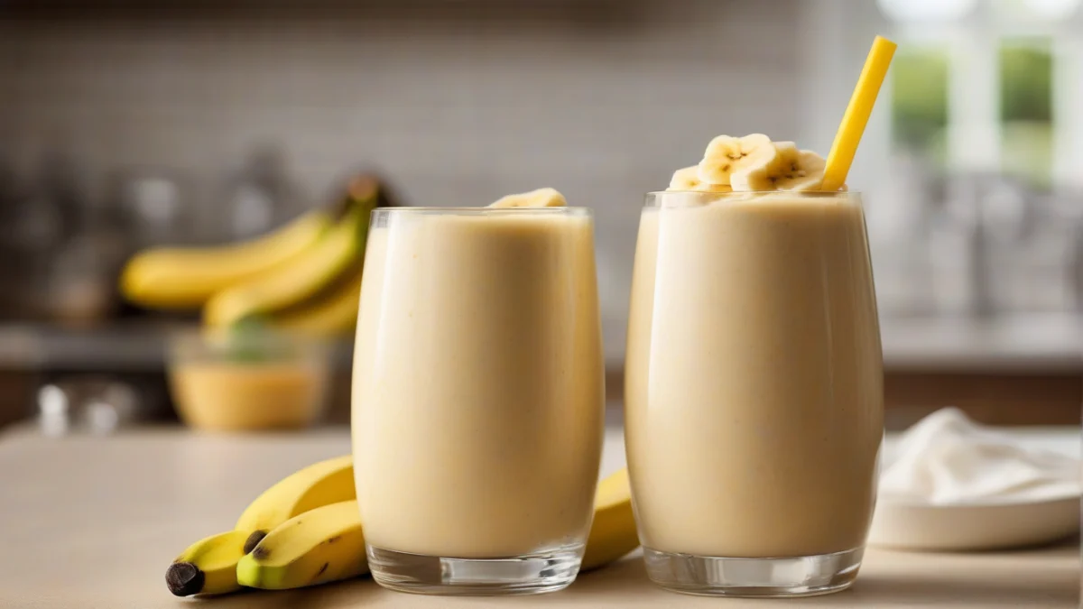 a clear glass filled with creamy blended banana smoothie