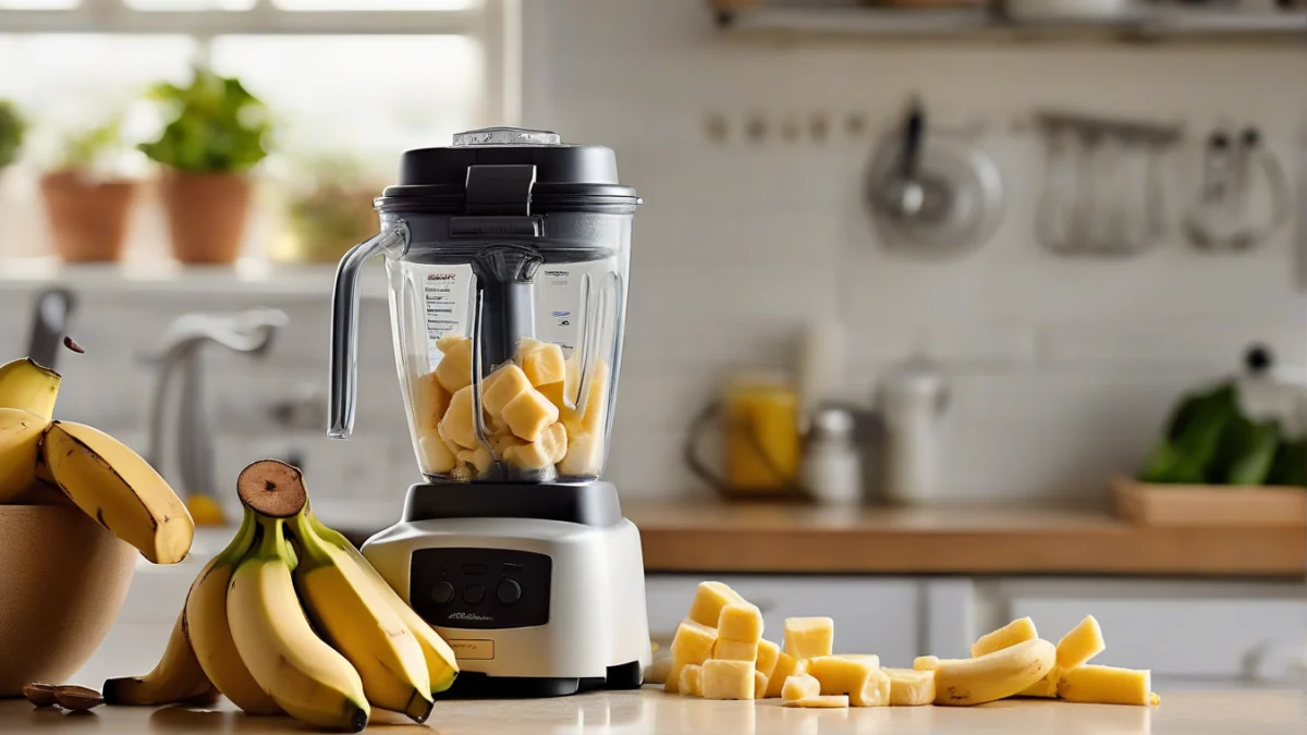a blender jar filled with frozen banana pieces ready to blend