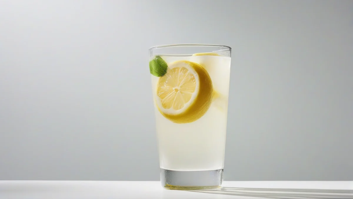 a clear glass filled with oral rehydration solution and a lemon wedge on white surface