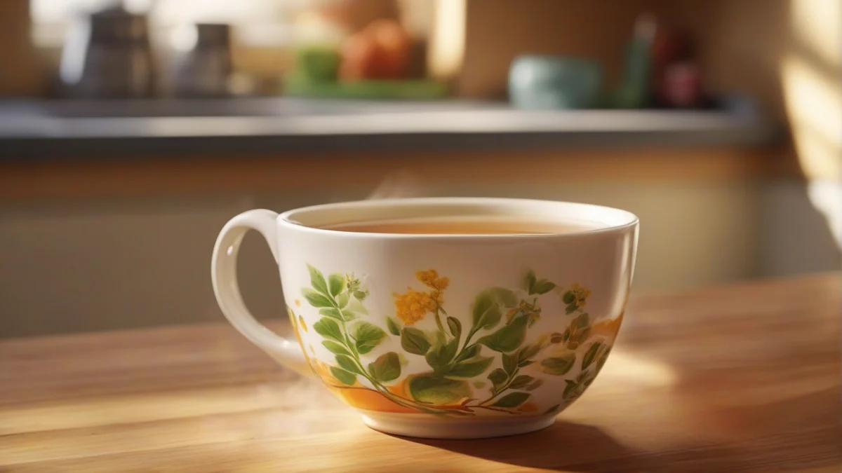 a steaming cup of tea next to a small pile of orange powder on a white dish