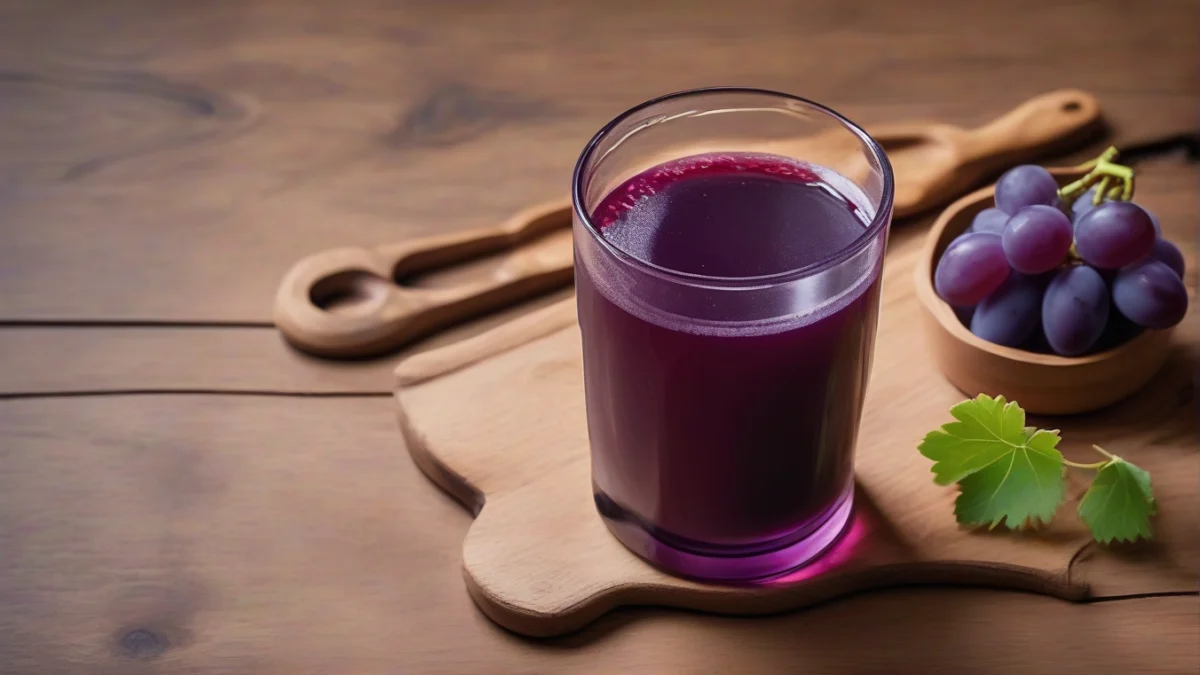 a clear glass filled with purple grape juice on a wooden surface