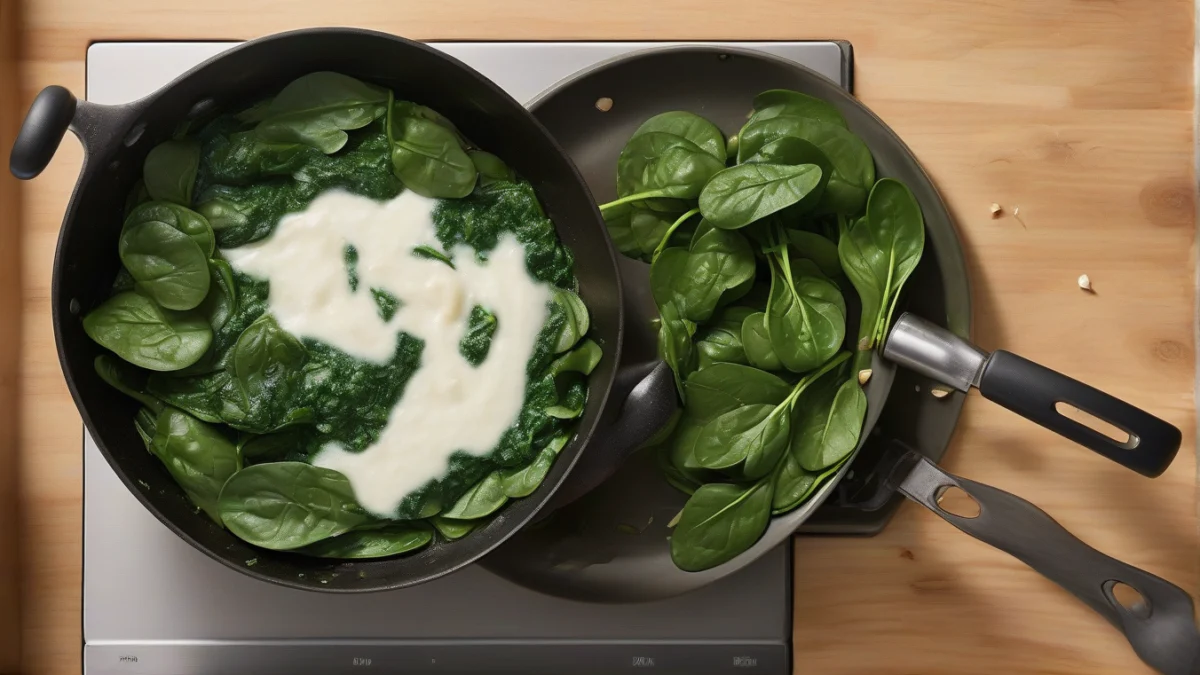 fresh spinach leaves being sautéed with garlic cloves in a pan