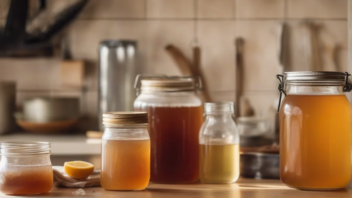 clear glass jar filled with light brown kombucha and a SCOBY floating on top