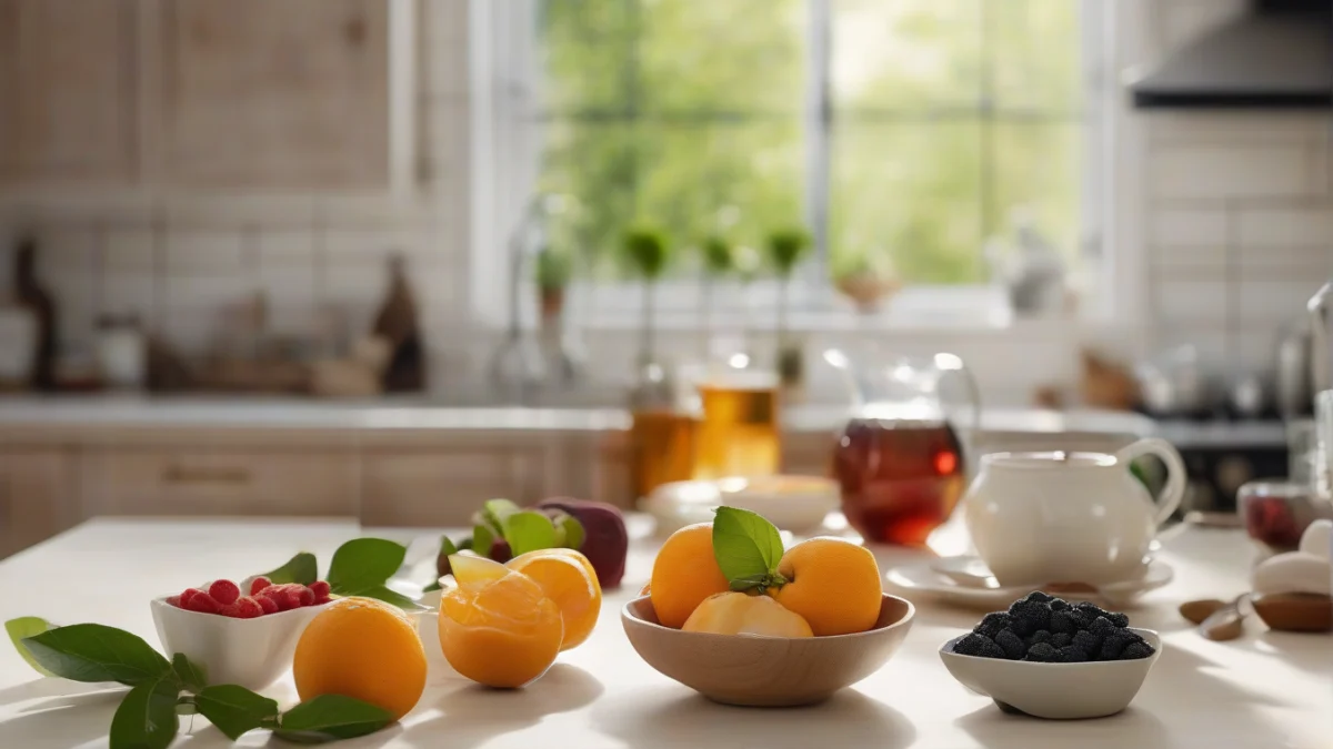fresh green tea leaves, washed fruit, and clean utensils arranged neatly