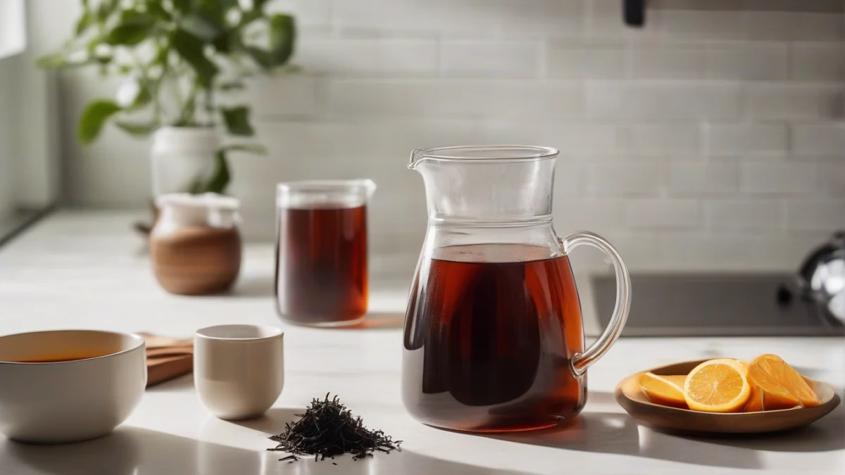 clear glass pitcher filled with dark cold brew black tea and loose tea leaves beside it