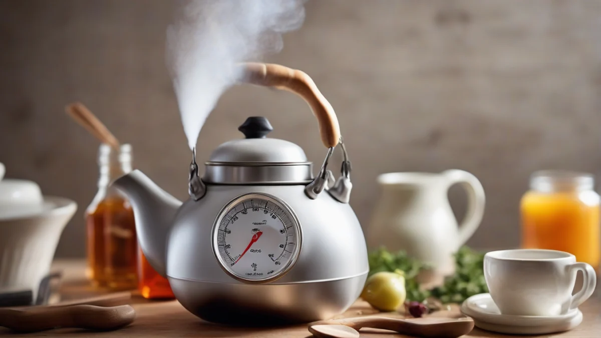 teapot steaming on stove with thermometer showing temperature and tea cup beside it