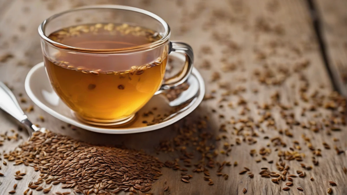 clear glass cup filled with flaxseed tea showing floating flax seeds