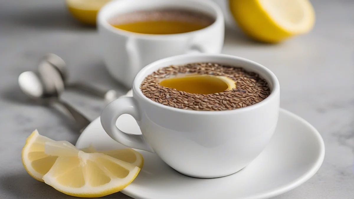 glass cup of flaxseed tea with lemon slices inside and fresh ginger root beside it