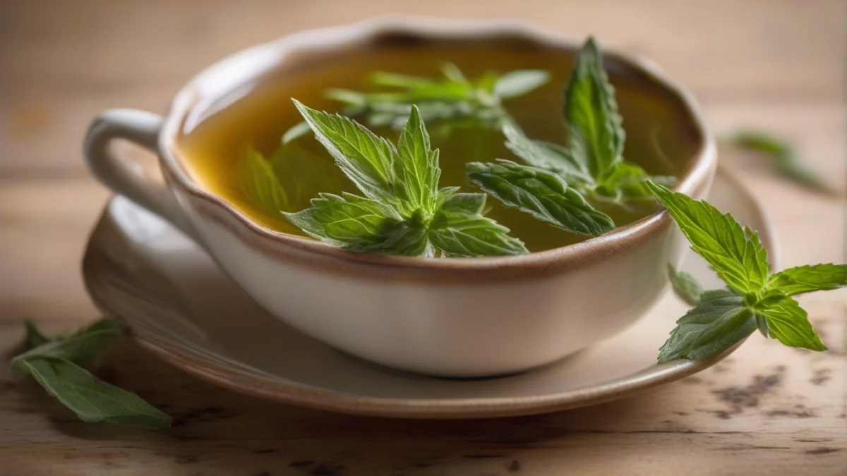 a clear cup filled with light amber hyssop tea next to fresh green hyssop leaves