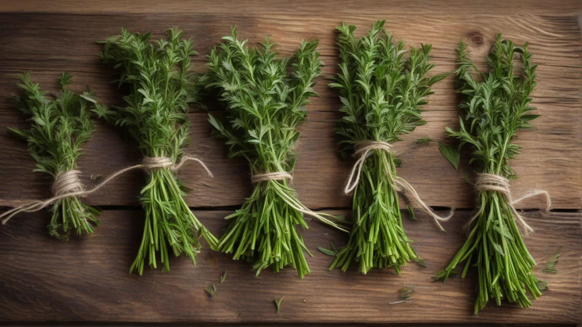 several sprigs of fresh green hyssop herb laid out on a wooden surface