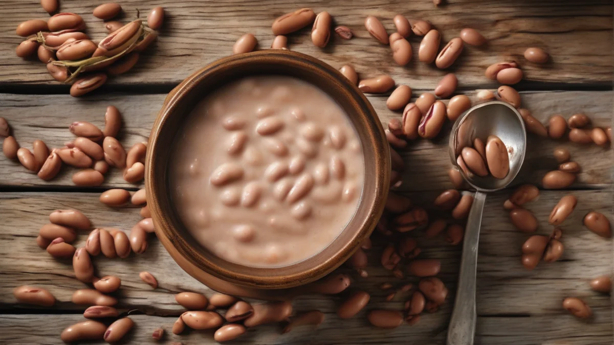 close-up of a bowl filled with thick, creamy pinto beans juice