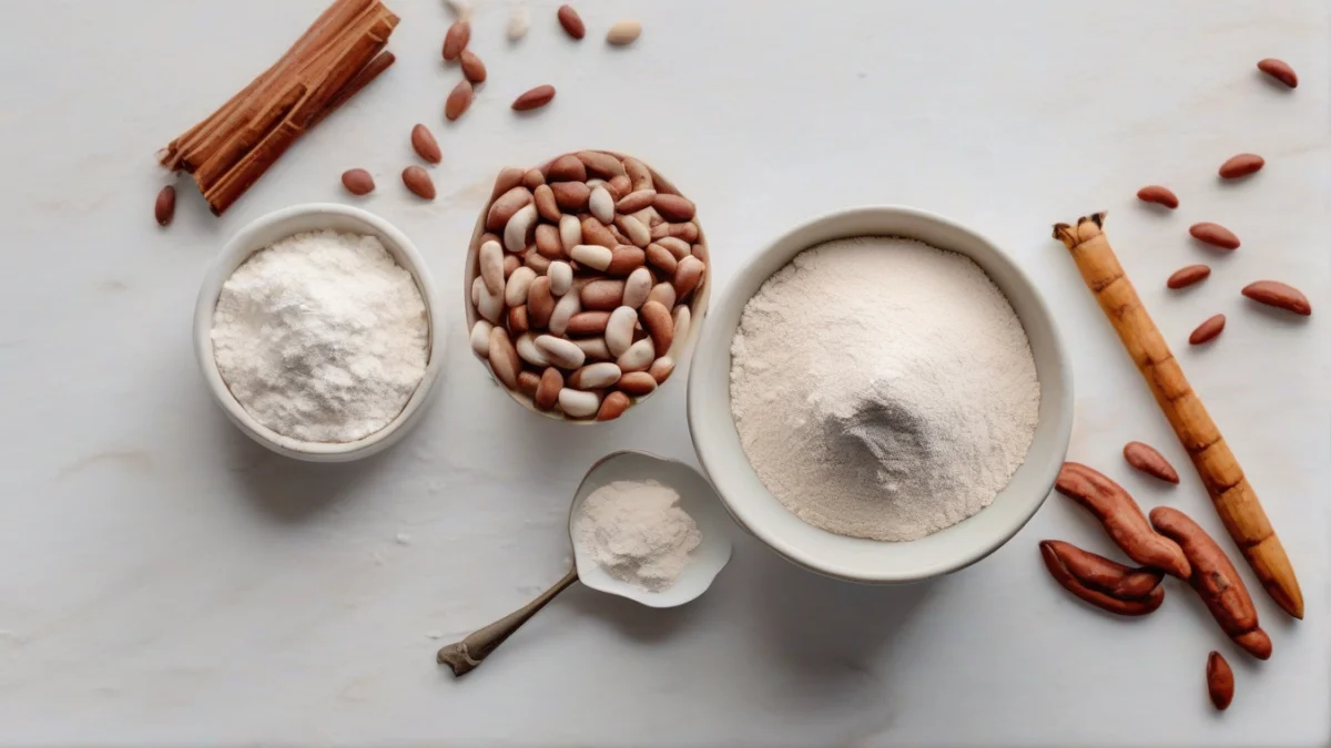 small white bowl with arrowroot powder next to dried pinto beans scattered on countertop