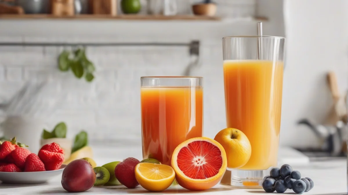 clear glass with light pink diluted juice surrounded by fresh fruits